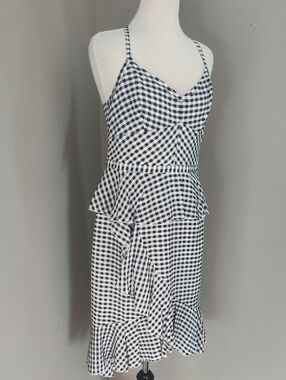 J. Crew Navy and White Gingham Ruffle Midi Spagetti Straps Dress